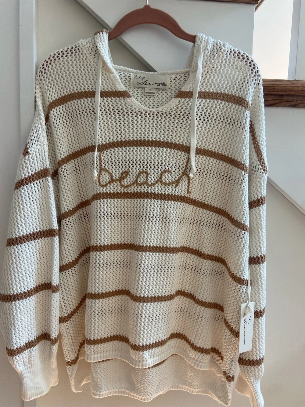 beachlunchlounge Cream & Brown Open-Knit Hoodie Sweater/ slouchy